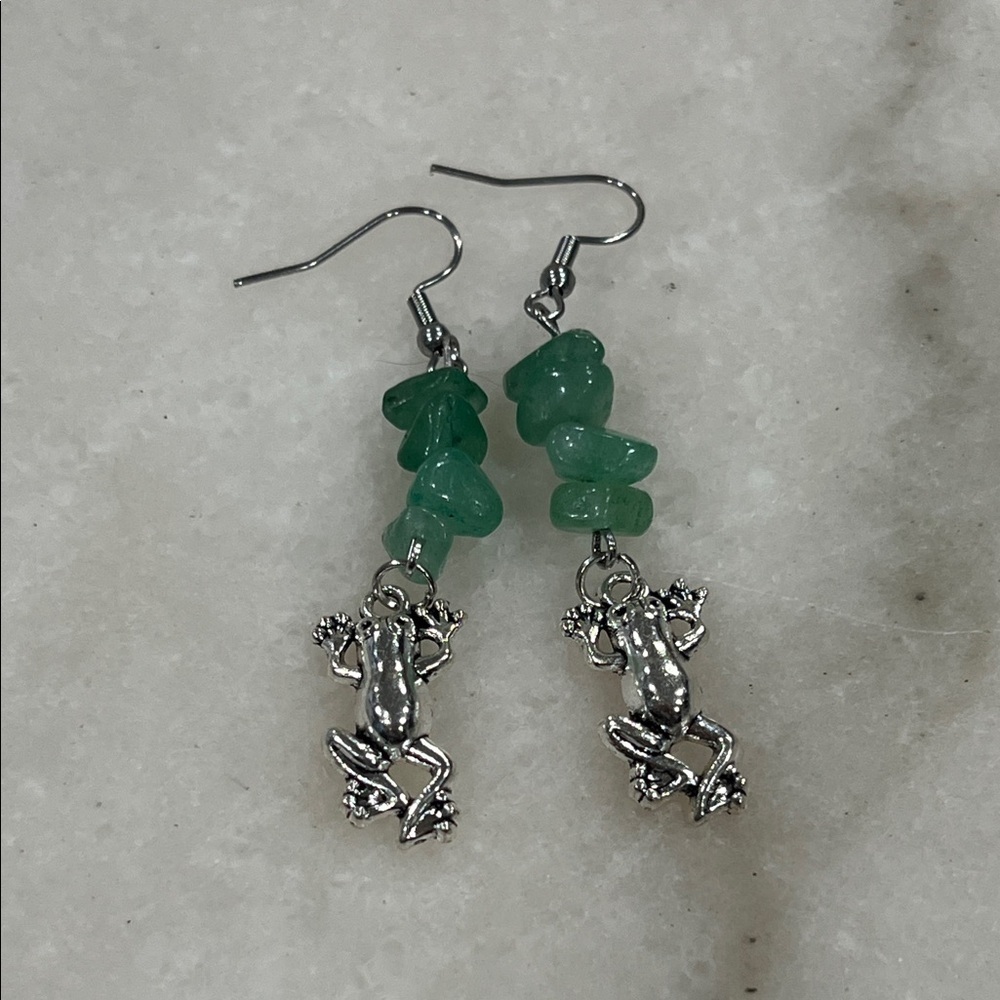 Aventurine Silver Frog Earrings Handmade Crystal Jewelry